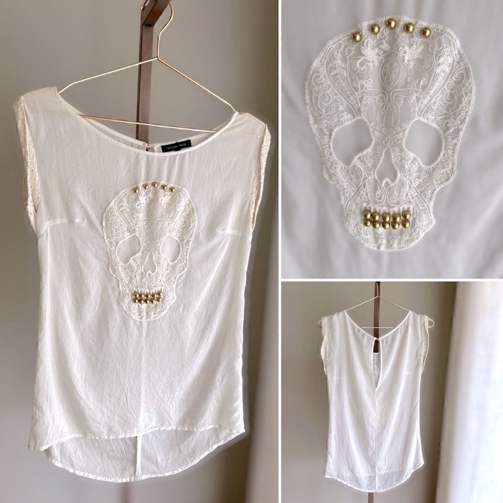 Maxinne Mode Skull Embellished Lace Tunic Top Blouse Size S